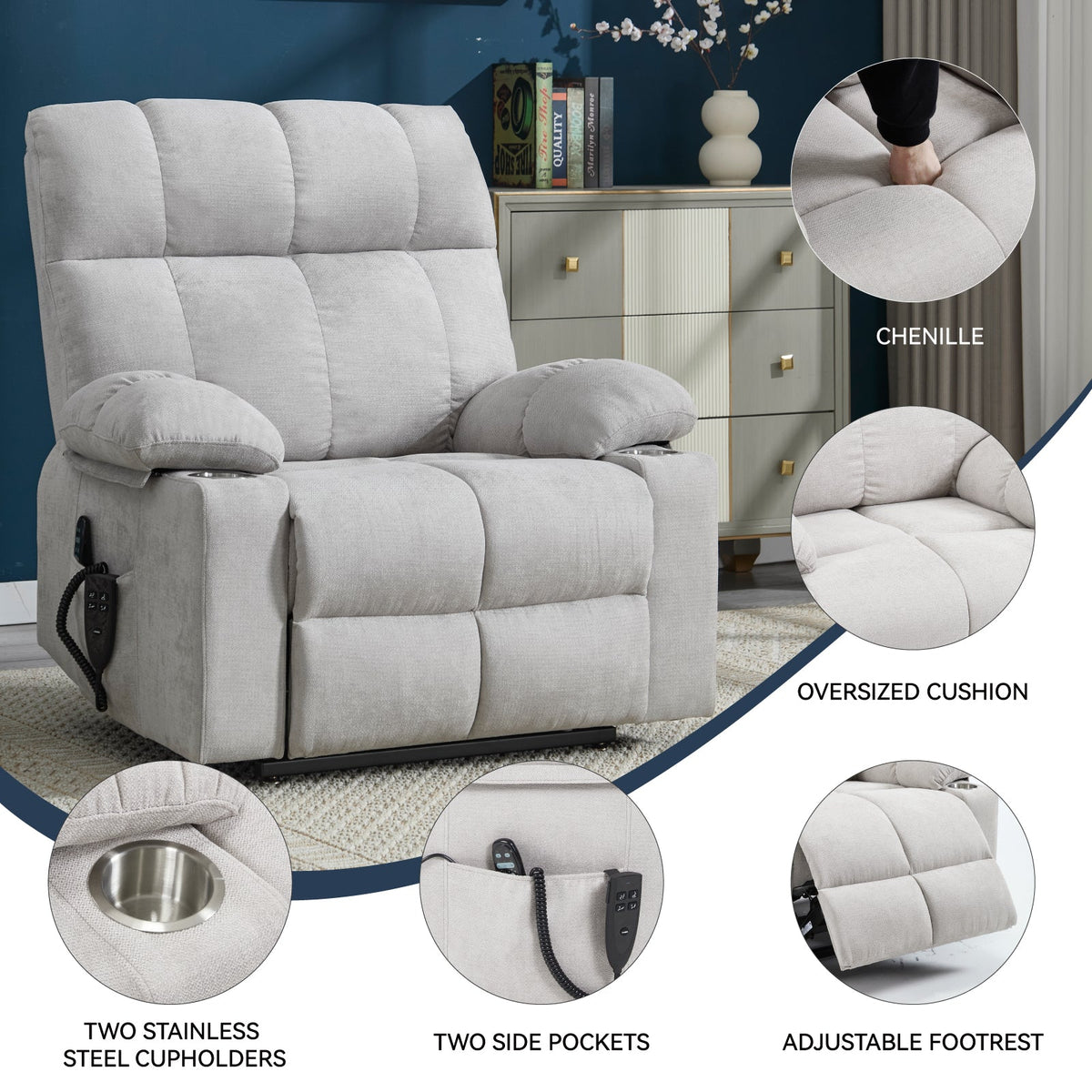Dual Motor Power Lift Recliner | Infinite Position, Beige Chenille, 350 lb