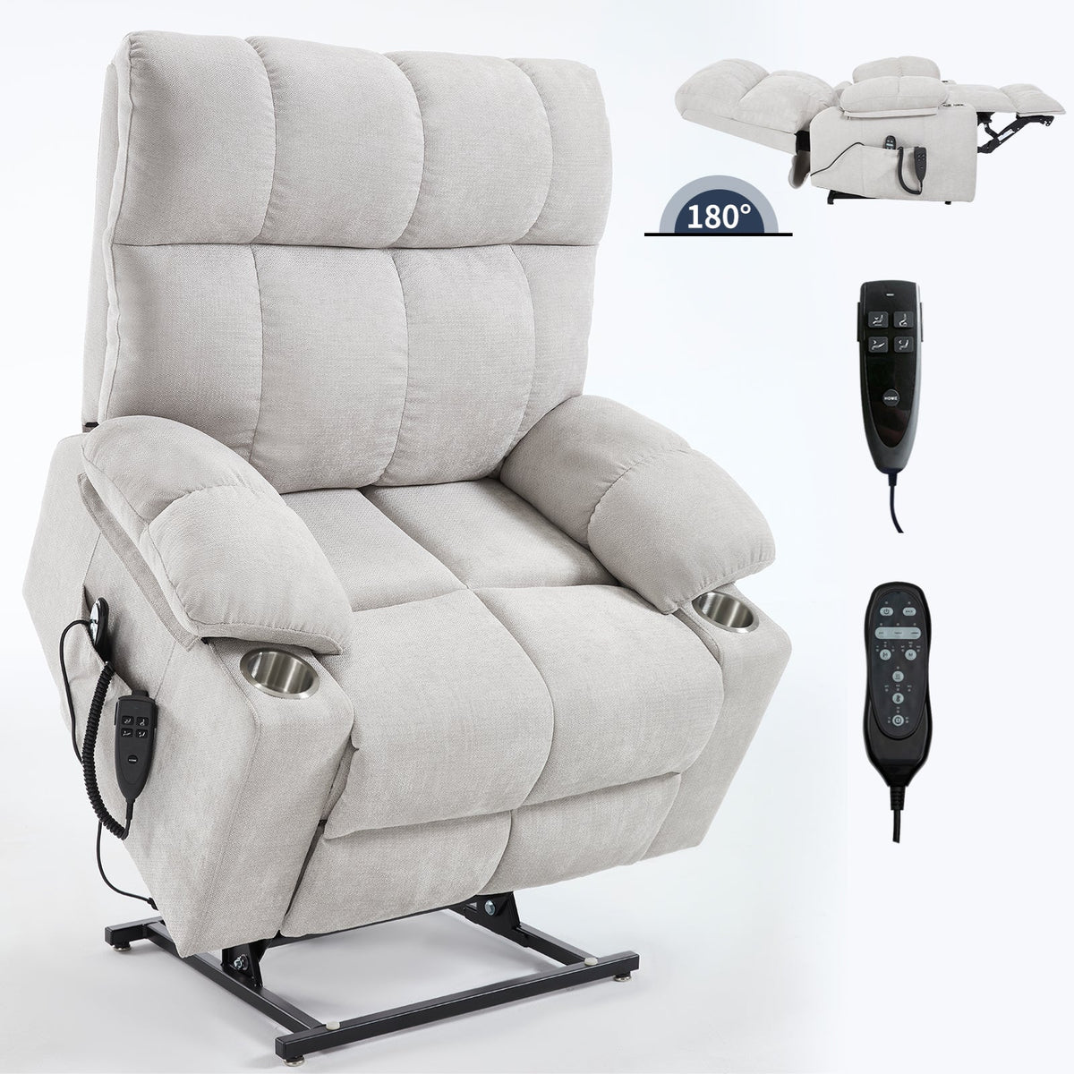 Dual Motor Power Lift Recliner | Infinite Position, Beige Chenille, 350 lb