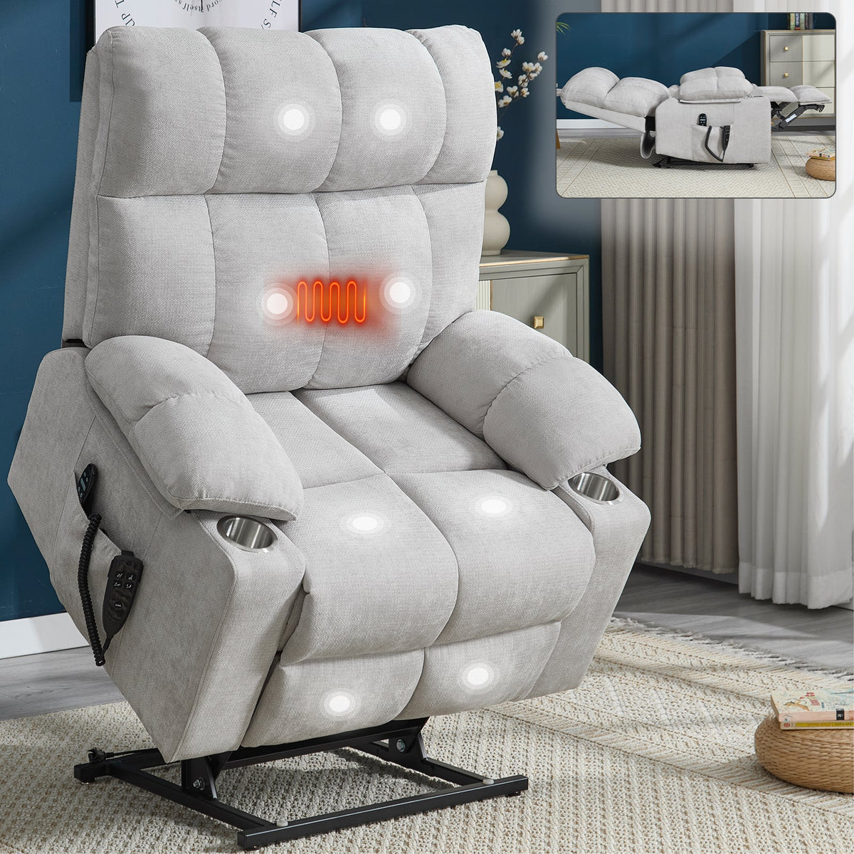 Dual Motor Power Lift Recliner | Infinite Position, Beige Chenille, 350 lb