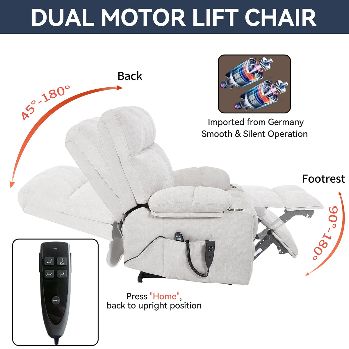 Dual Motor Power Lift Recliner | Infinite Position, Beige Chenille, 350 lb