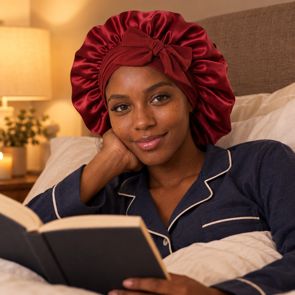 Wearing the Mulberry Silk Bonnet at bedtime