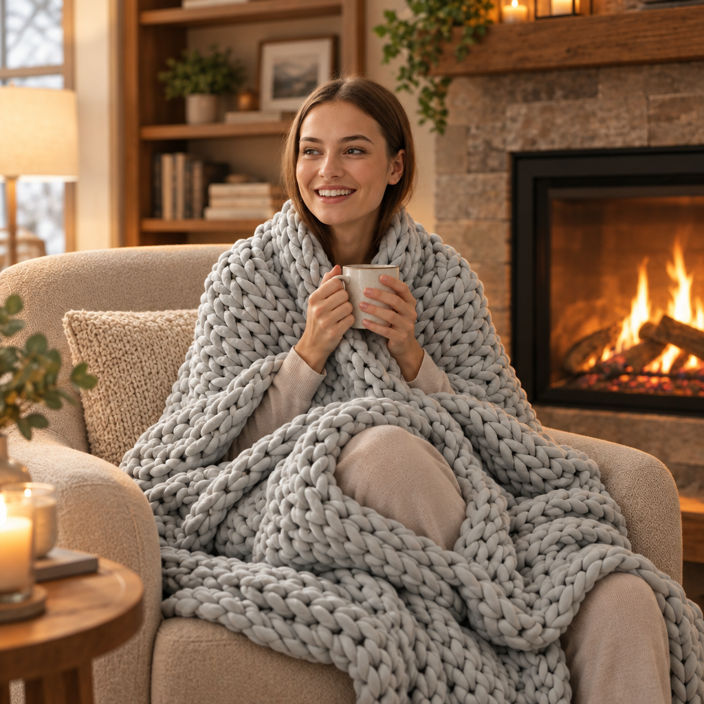 Cozy by the fire under the Chunky Knit Weighted Blanket