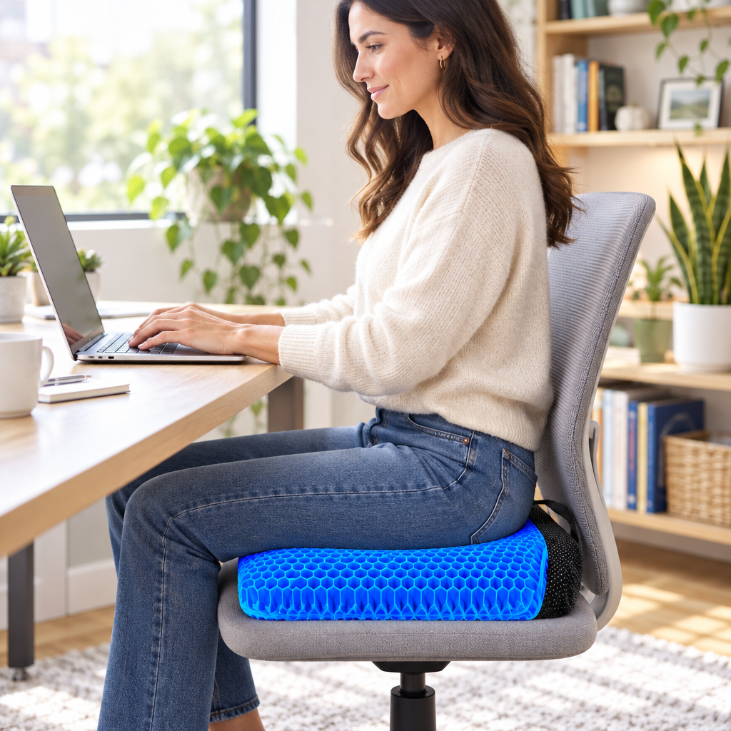 Working comfortably on the Honeycomb Gel Seat Cushion