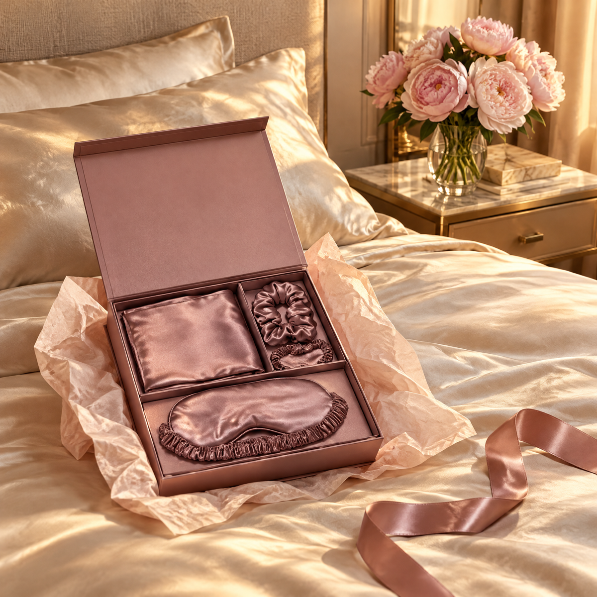 Satin Sleep Gift Set in a gift box on satin sheets