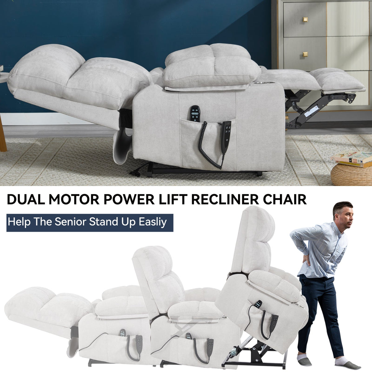 Dual Motor Power Lift Recliner | Infinite Position, Beige Chenille, 350 lb