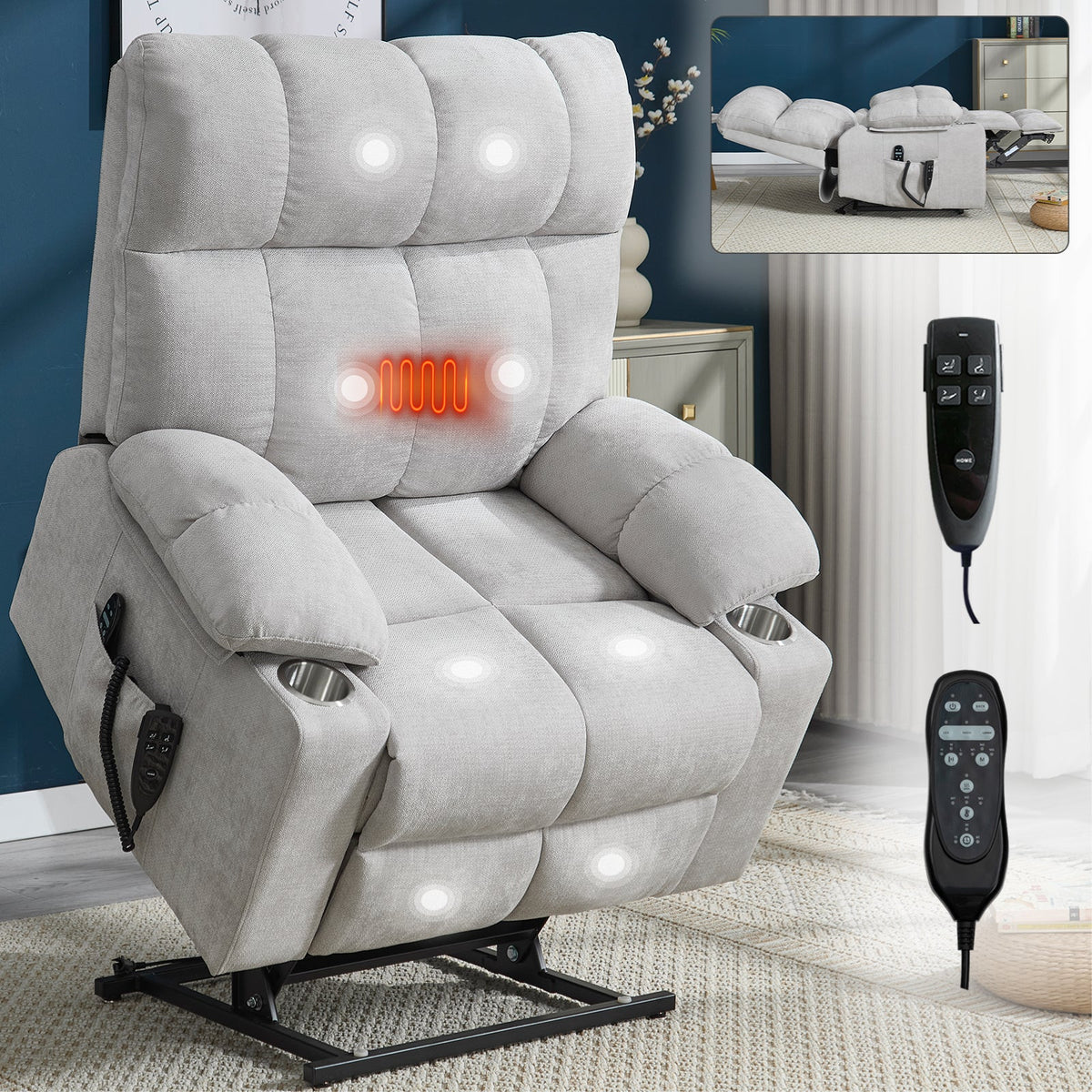 Dual Motor Power Lift Recliner | Infinite Position, Beige Chenille, 350 lb