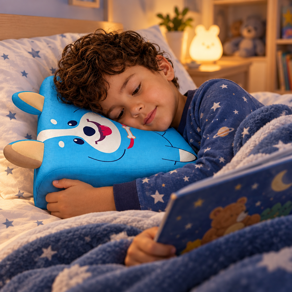 Child hugging the Sleepy Buddy Sensory Pillow at bedtime