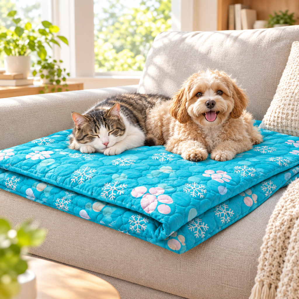 Pets resting on the Pet Ice Cooling Calming Waterproof Blanket