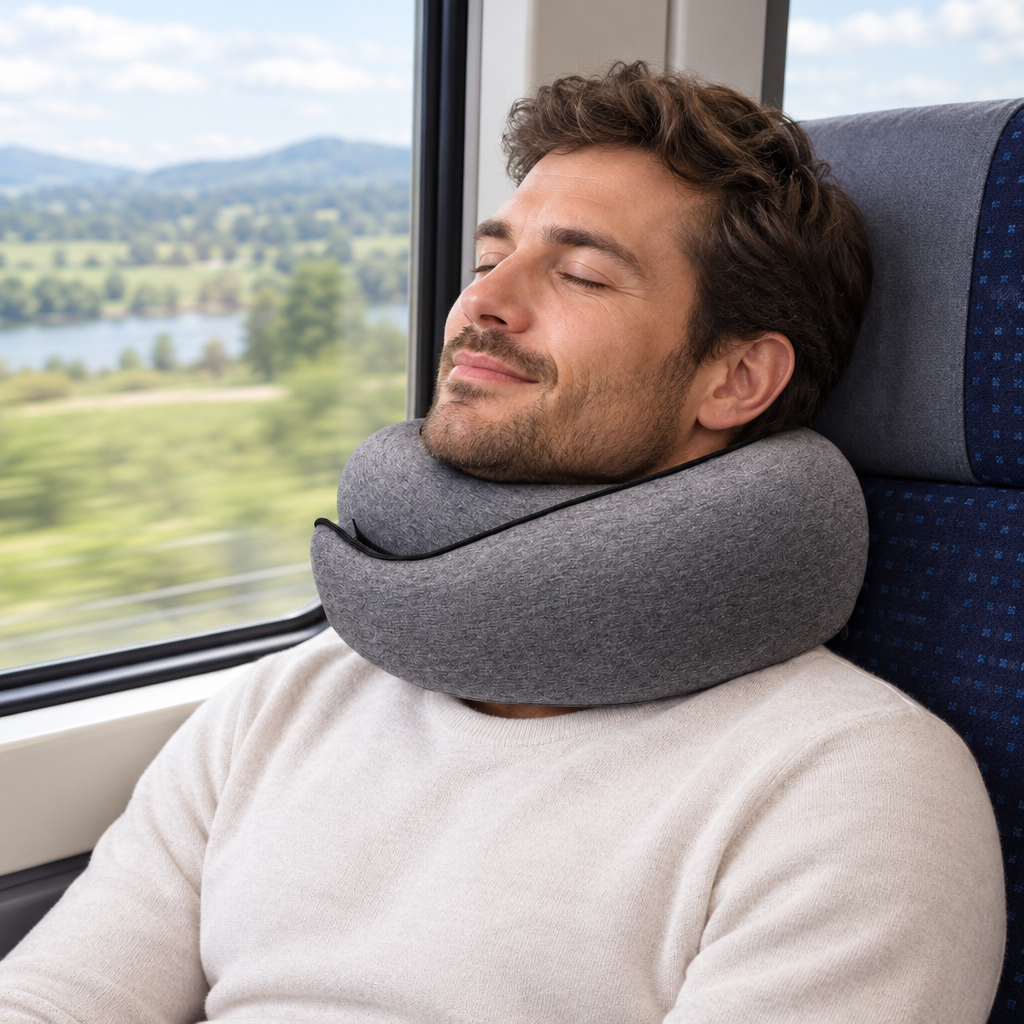 Resting on a train with the Travel Pillow