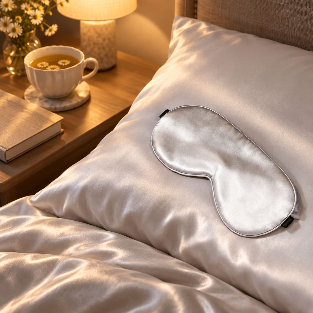 Premium Silk Eye Mask on a made bed at bedtime