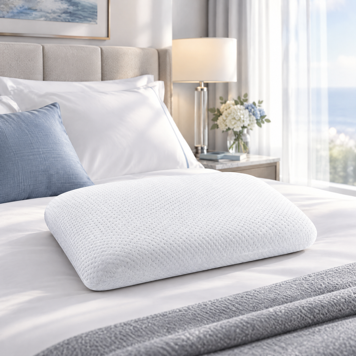 Cooling Gel Memory Foam Pillow in a hotel-style bedroom