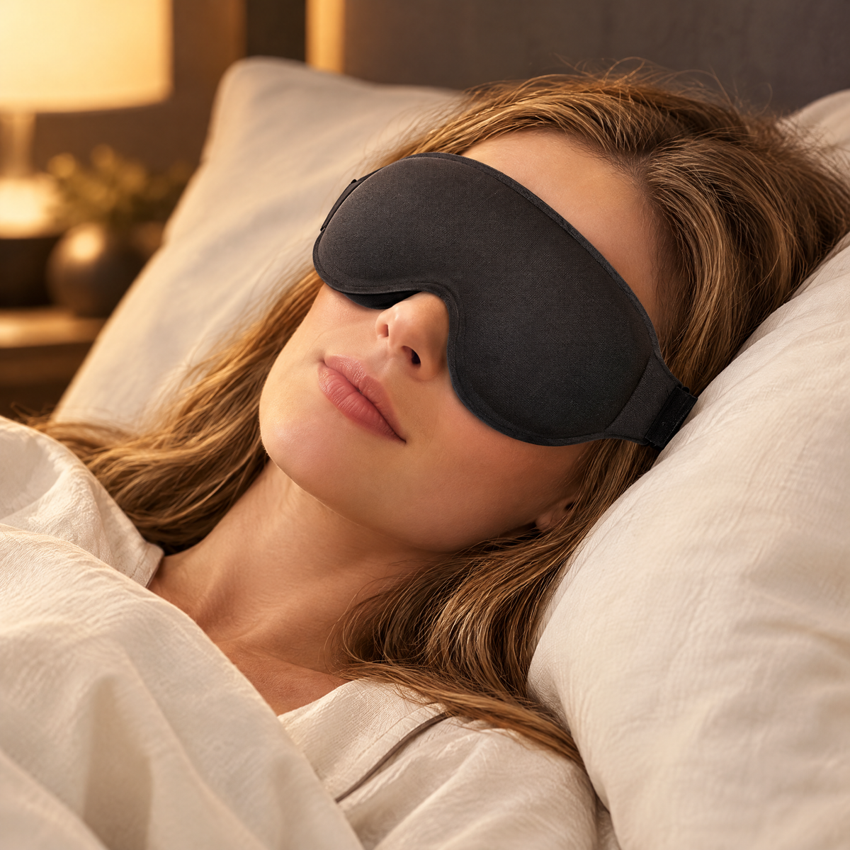 3D Contoured Sleep Mask in use